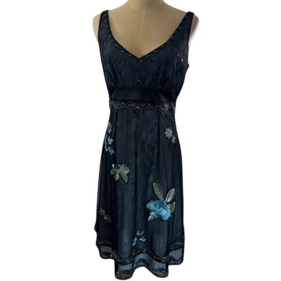"ADRIANNA PAPELL" VTG Y2K Babydoll Floral Embroidered Dress SZ 6 Dark Fairy Sexy - Picture 1 of 16